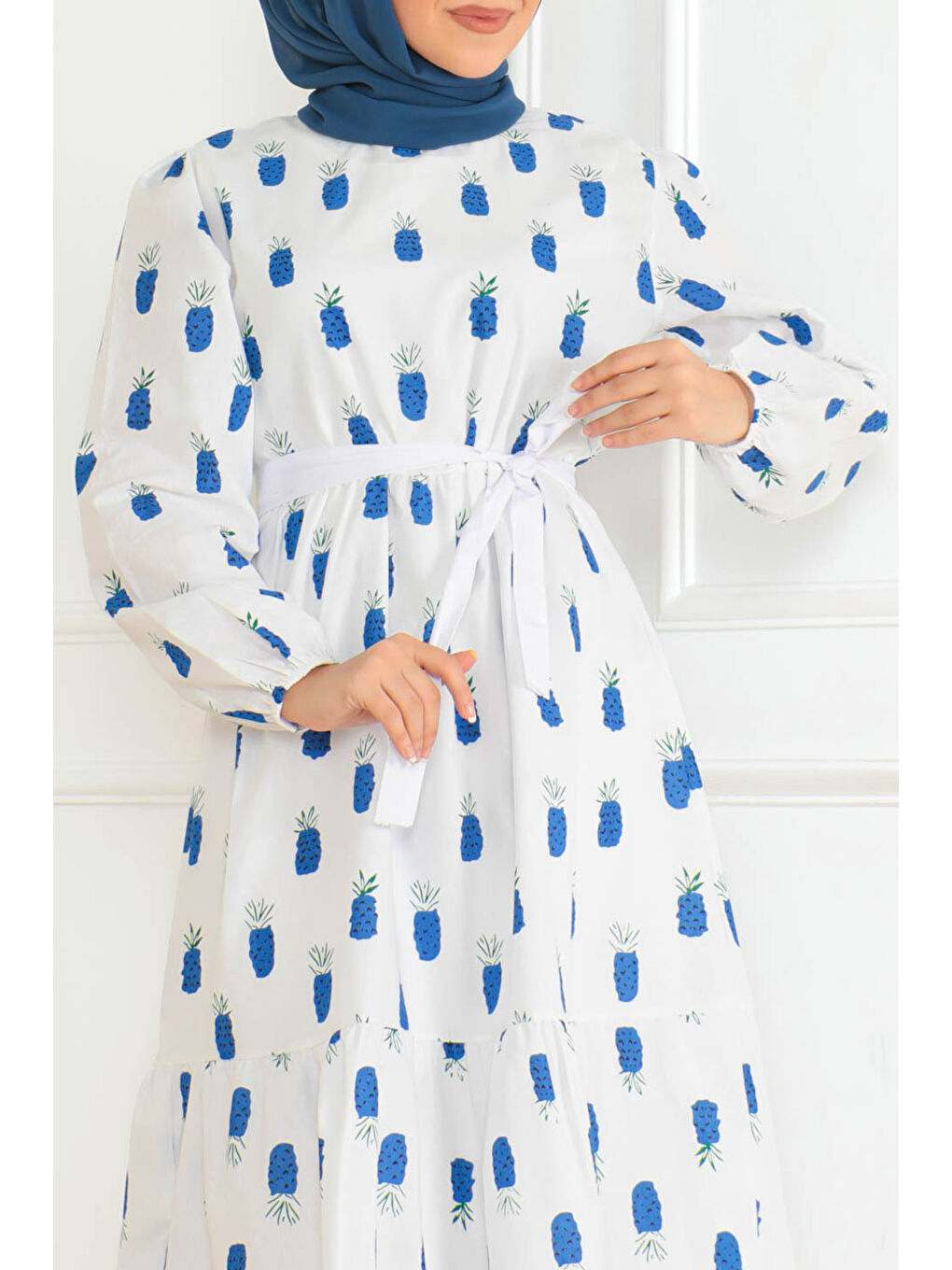 Mavi Desenli Kolu Büzgülü Elbise Saks - 26625-2