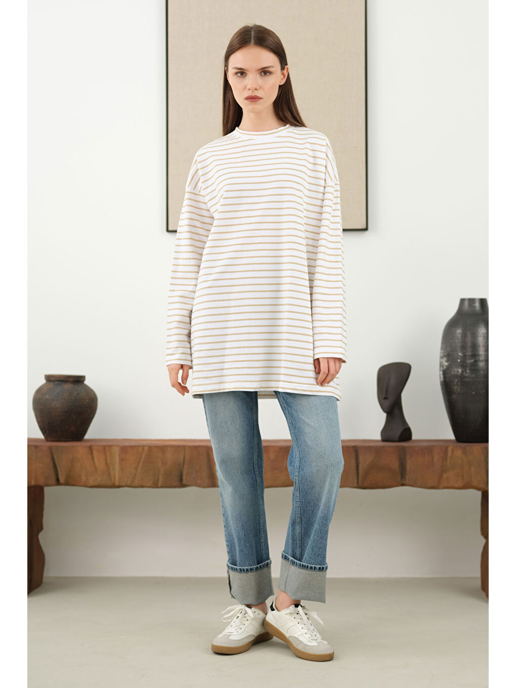 İnce Çizgili Sweat Soft Sarı