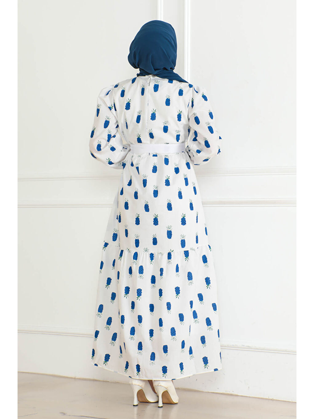 Mavi Desenli Kolu Büzgülü Elbise Saks - 26625-3