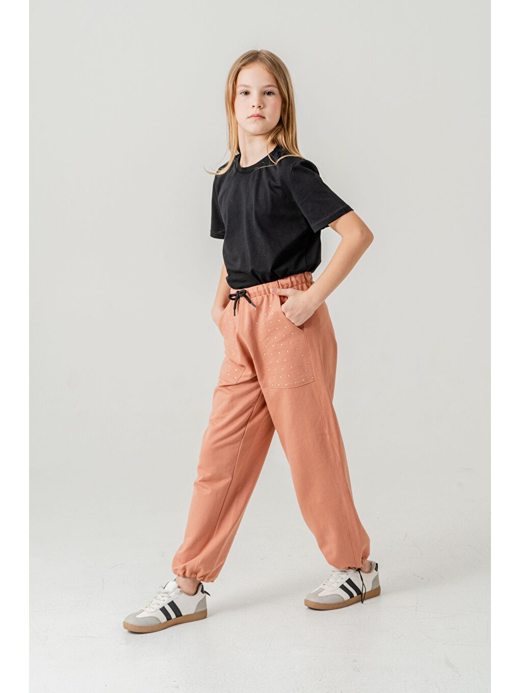 Pembe Cebi Taşlı Paça Brit Lastikli Stoperli Kız Çocuk Eşofman Altı-1