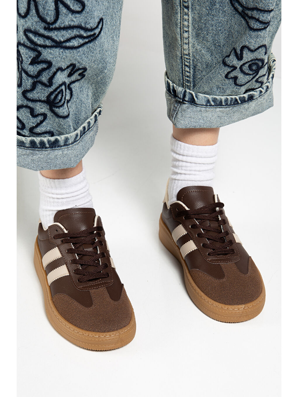 Kahverengi Kadın Kahve Bej Kadın Rahat Kalıp Yumuşak Deri Sneaker-3