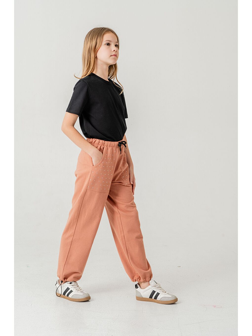 Pembe Cebi Taşlı Paça Brit Lastikli Stoperli Kız Çocuk Eşofman Altı-2