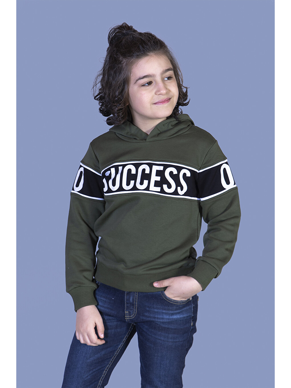 Haki Erkek Çocuk Garnisi Baskılı Kapüşonlu Sweatshirt