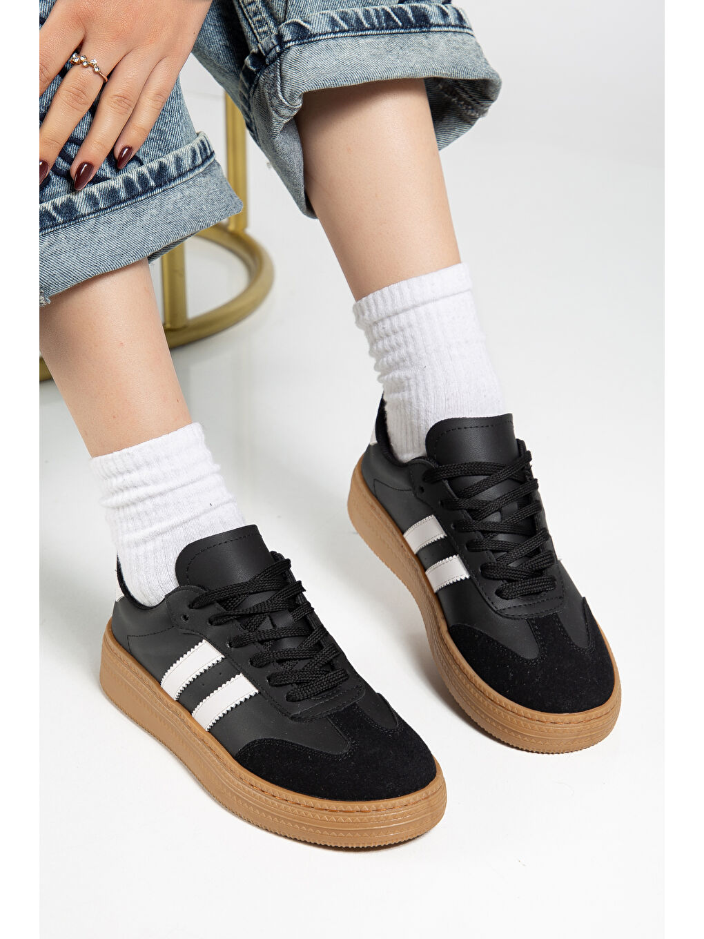 Kadın Siyah Kadın Rahat Kalıp Yumuşak Deri Sneaker-2