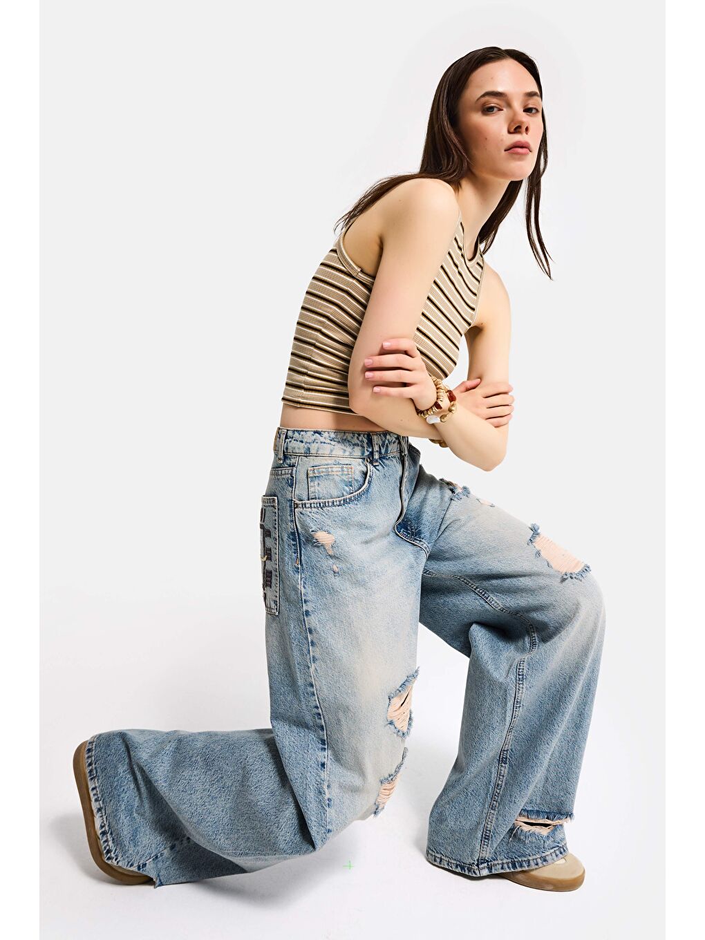 Mavi Kadın Jean Rengi 12s6-32 Süper Baggy Fit Yırtık ve Nakış Detaylı Özel Tasarım Denim Jean-5