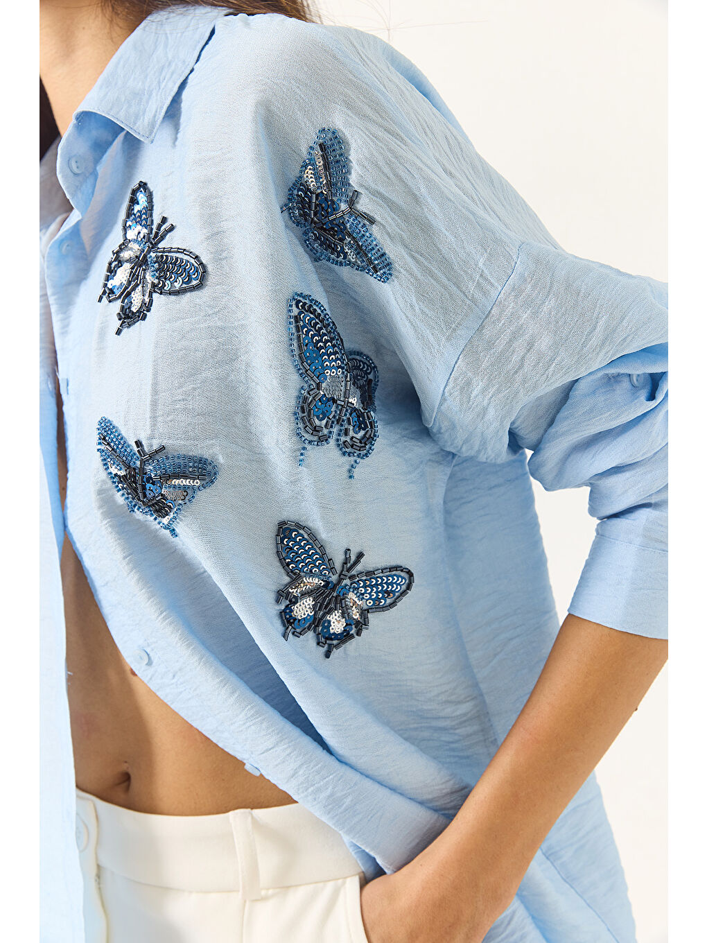 Mavi Kadın Kelebek Boncuk Taş İşlemeli Aerobin Oversize Gömlek-6