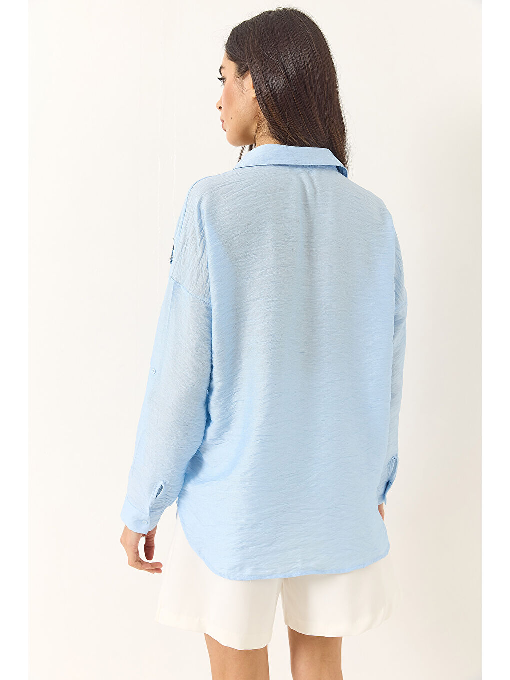 Mavi Kadın Kelebek Boncuk Taş İşlemeli Aerobin Oversize Gömlek-7