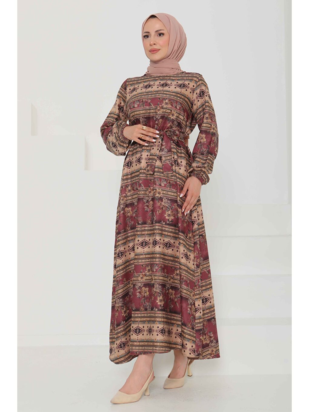 Çiçek Desenli Kuşaklı Elbise Mürdüm - 27105