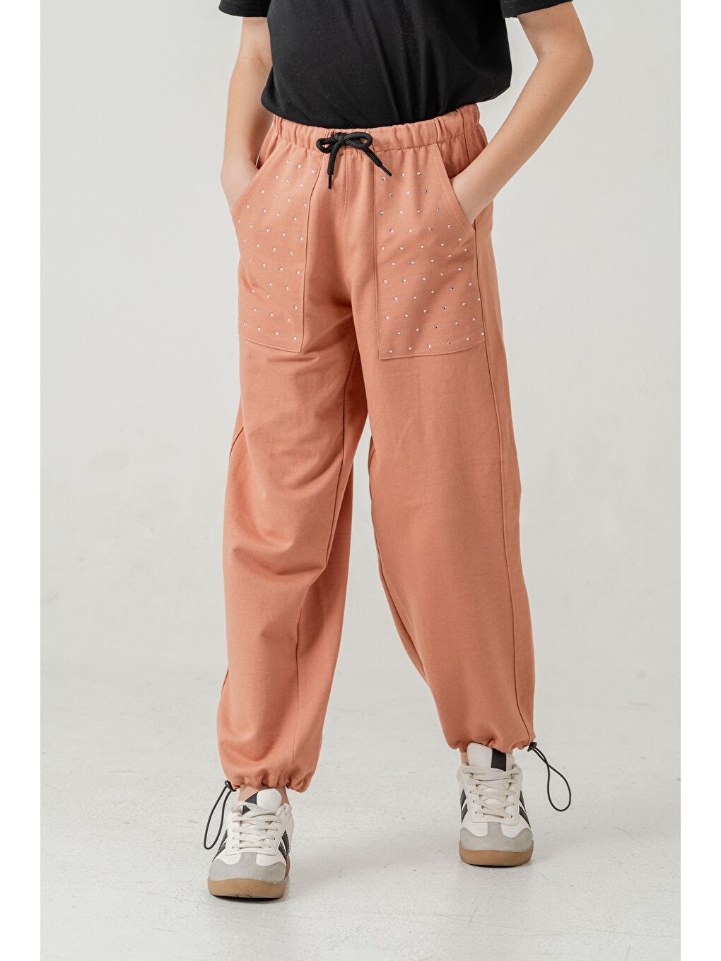 Pembe Cebi Taşlı Paça Brit Lastikli Stoperli Kız Çocuk Eşofman Altı-5