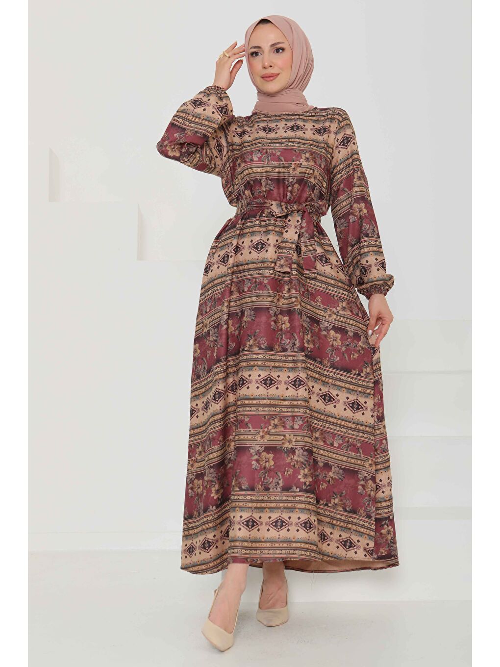 Çiçek Desenli Kuşaklı Elbise Mürdüm - 27105-1