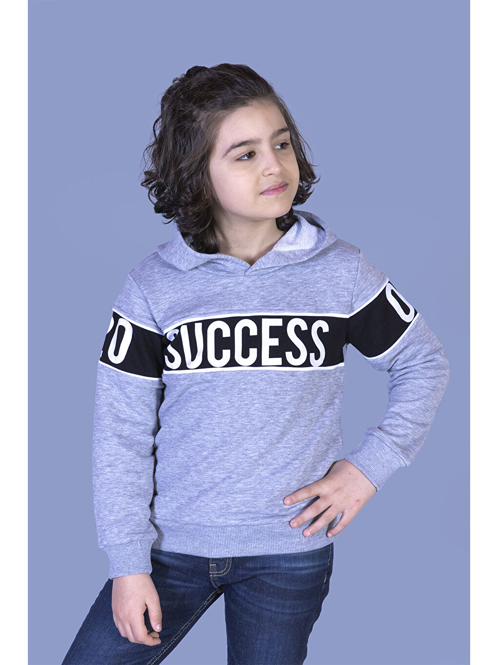 Gri Erkek Çocuk Garnisi Baskılı Kapüşonlu Sweatshirt