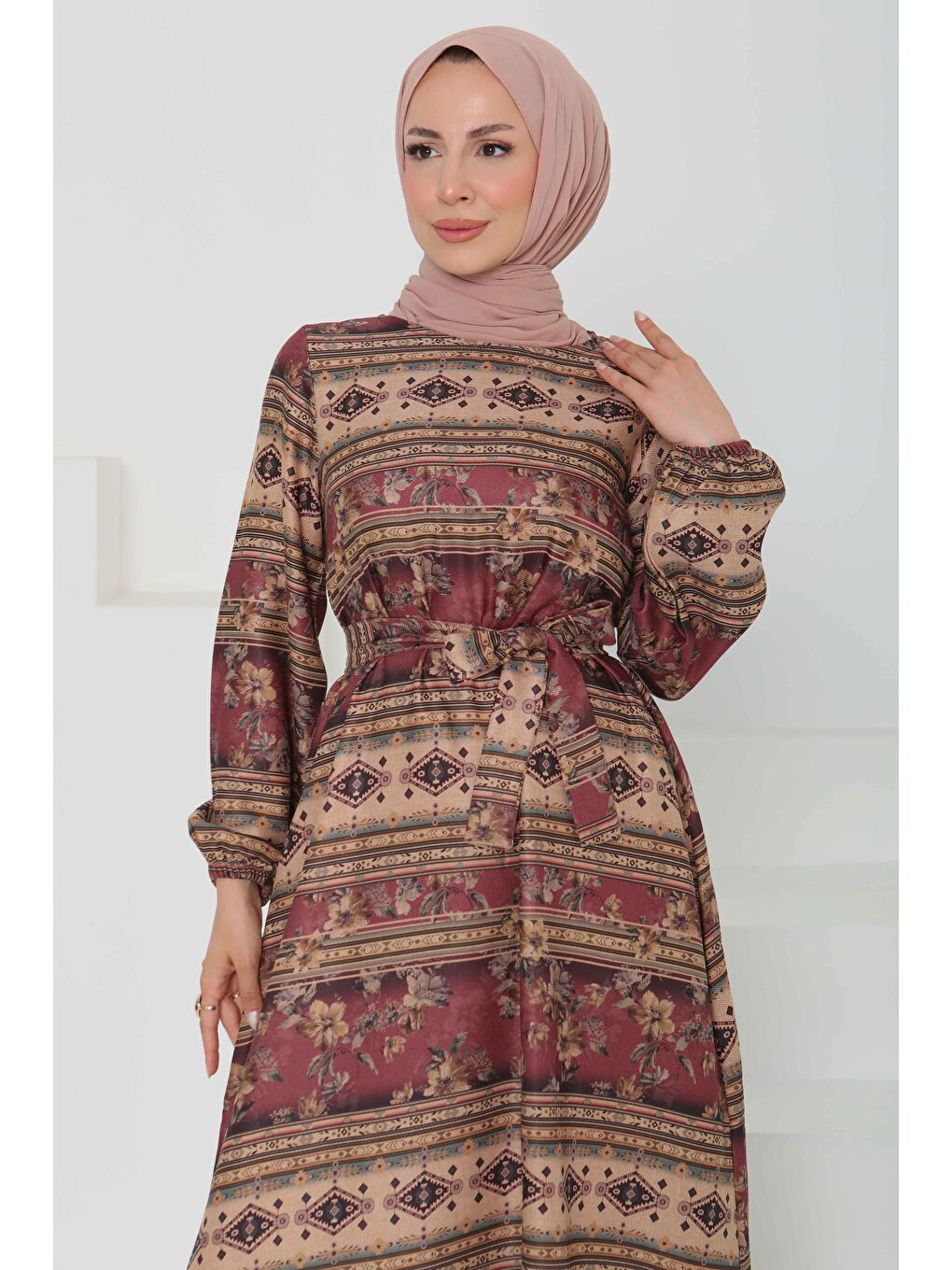 Çiçek Desenli Kuşaklı Elbise Mürdüm - 27105-2