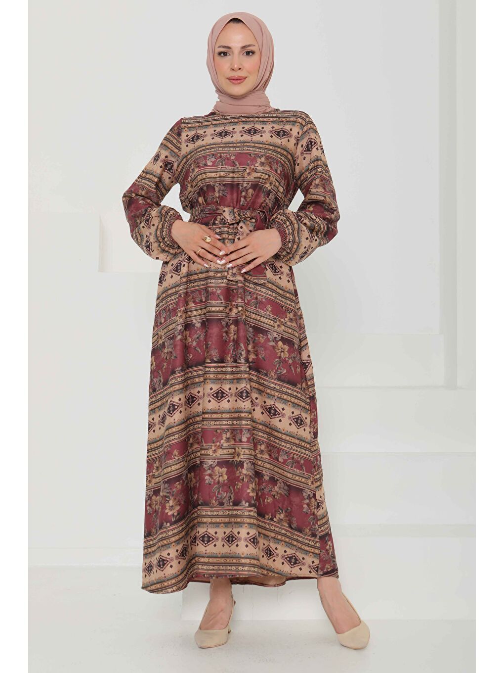 Çiçek Desenli Kuşaklı Elbise Mürdüm - 27105-3