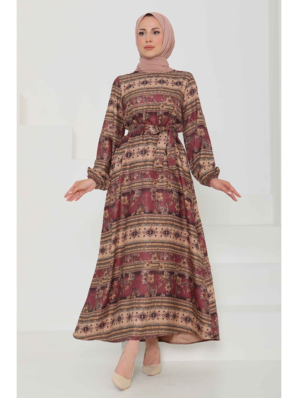 Çiçek Desenli Kuşaklı Elbise Mürdüm - 27105-5