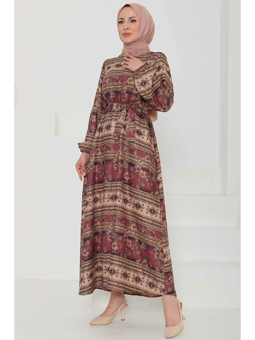 Çiçek Desenli Kuşaklı Elbise Mürdüm - 27105-6