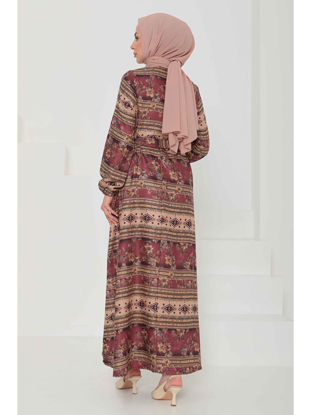 Çiçek Desenli Kuşaklı Elbise Mürdüm - 27105-7