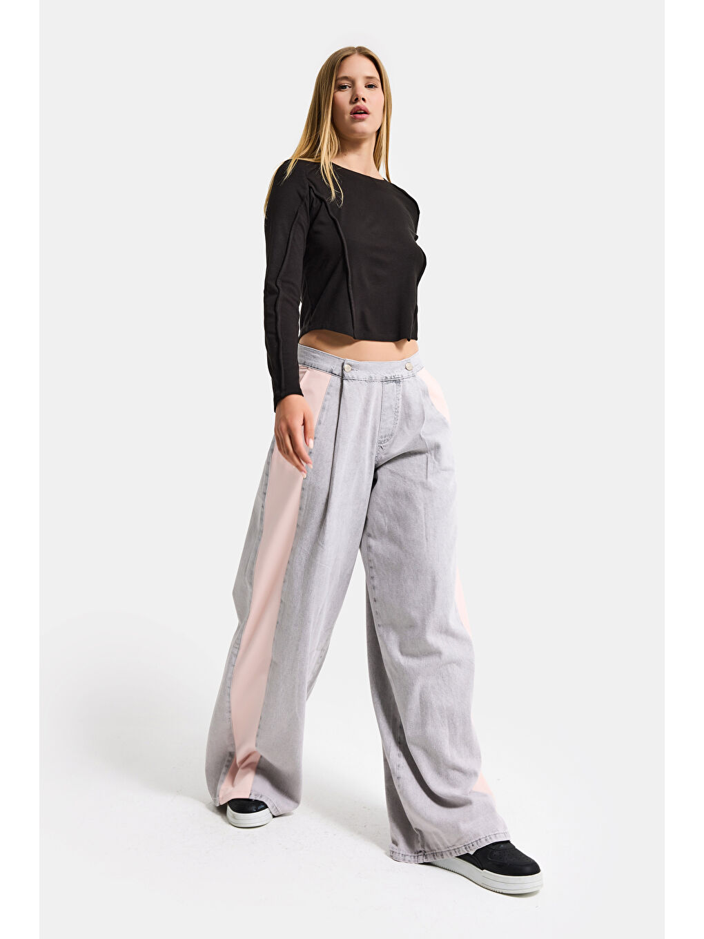 Kadın Gri Pembe 3s6-12 Palazzo Fit Çift Parça Özel Tasarım Denim Jean-1