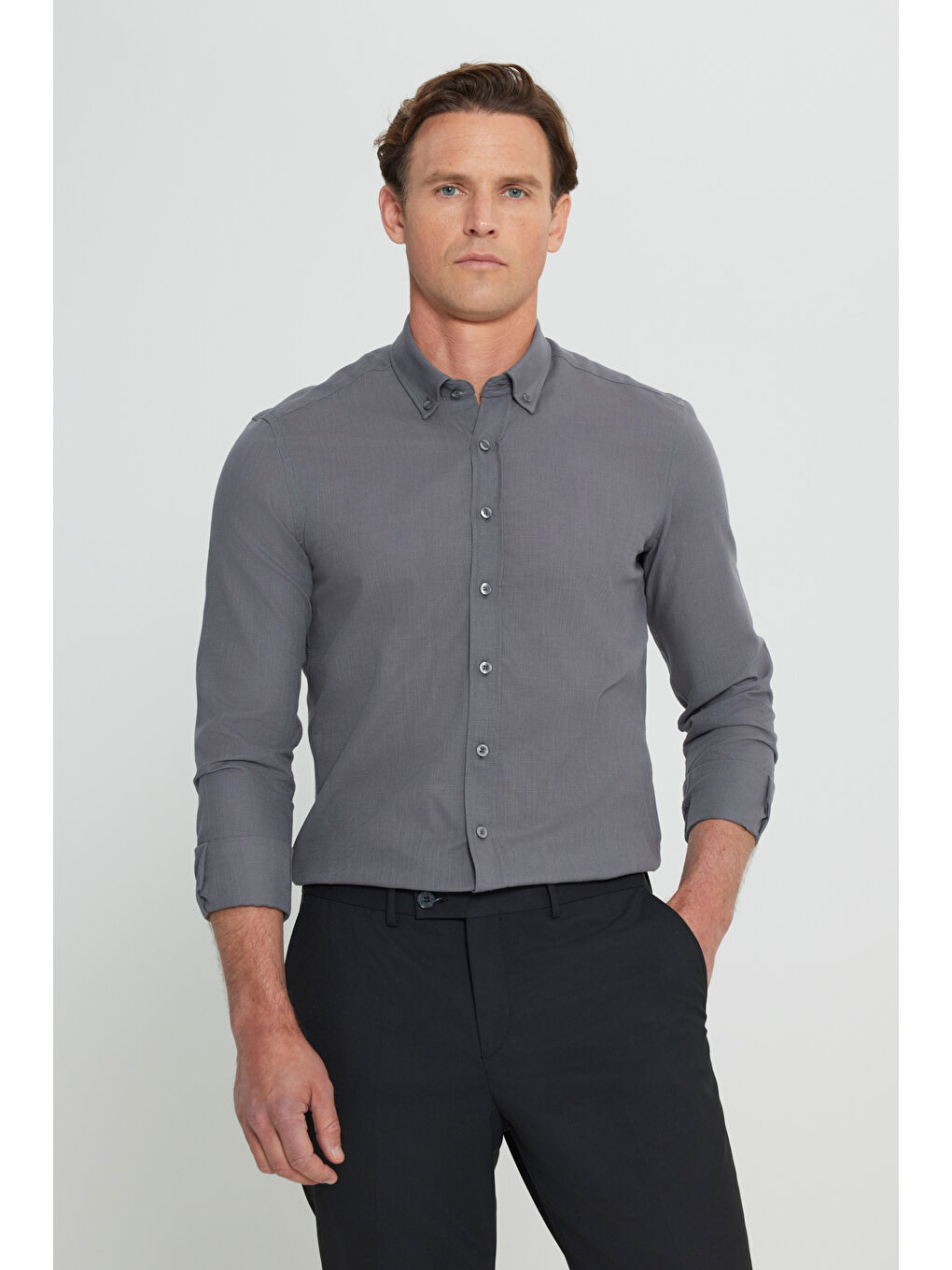 Erkek Antrasit %100 Pamuk Oxford Slim Fit Dar Kesim Düğmeli Yaka Flamlı Gömlek