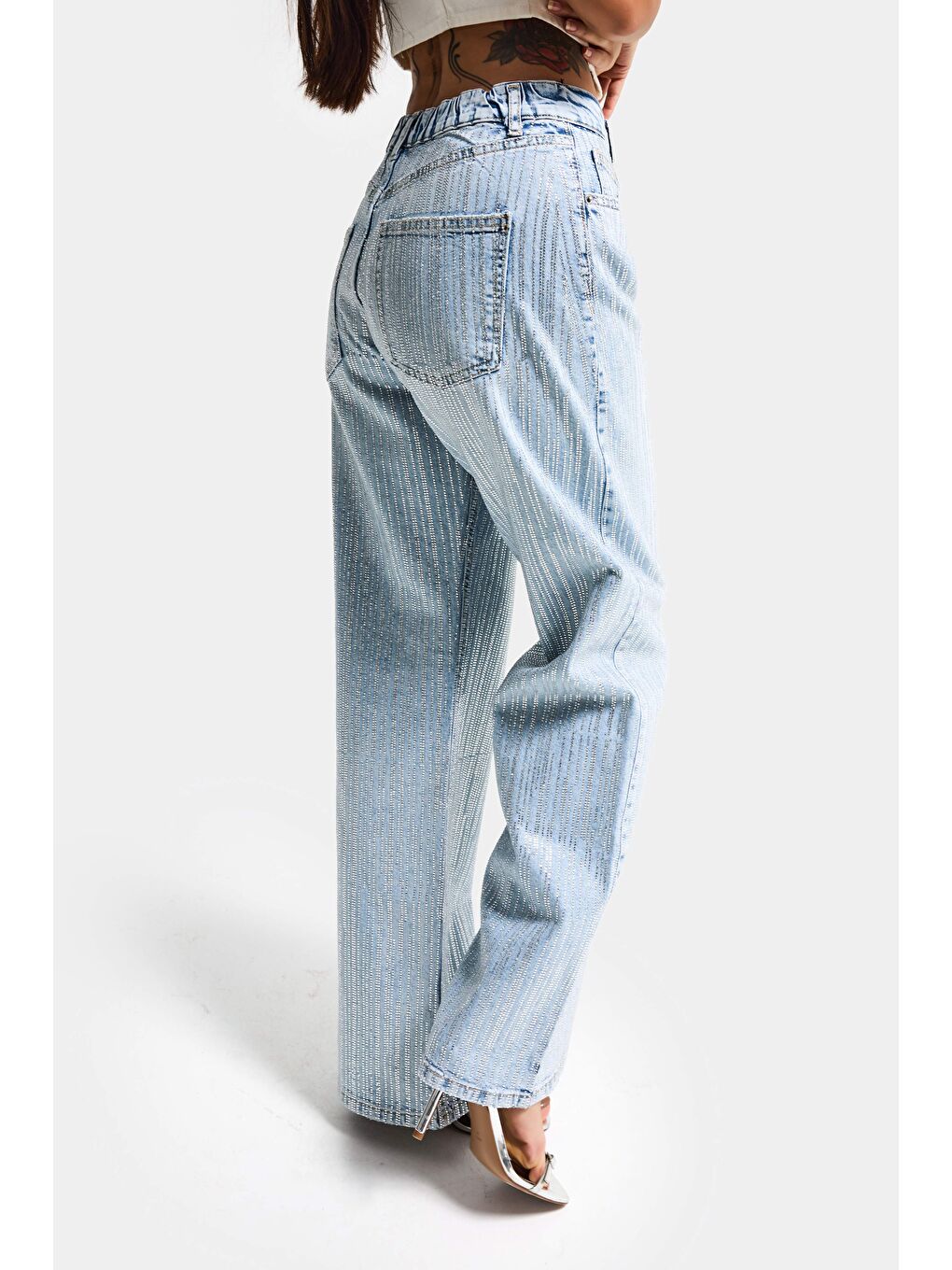Mavi Kadın Jean Rengi T-4s6-3 Loose Fit Ön Arka Parlak Taşlı Tasarım Denim Jean-3