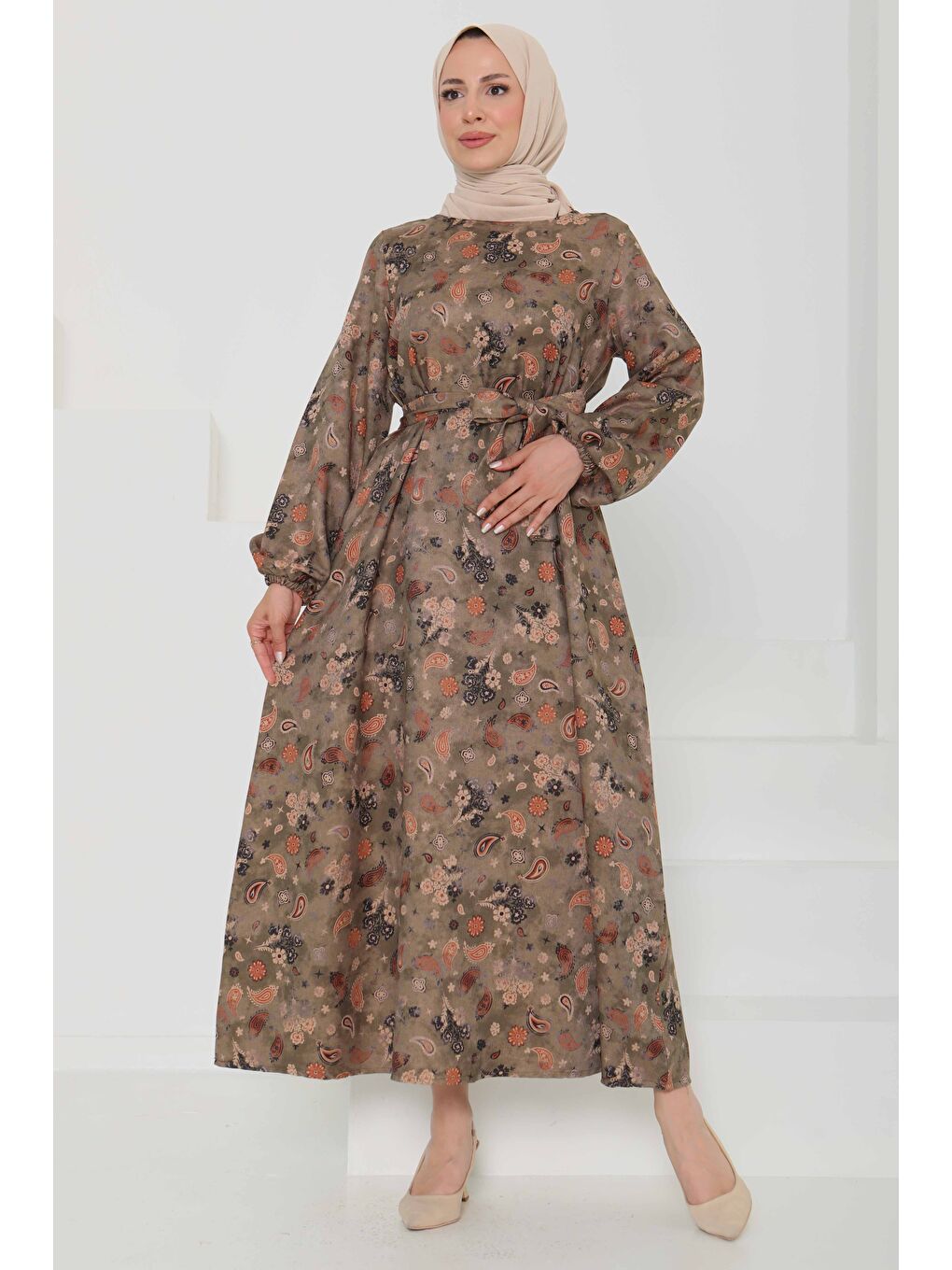 Desenli Kuşaklı Elbise Haki - 27101-1