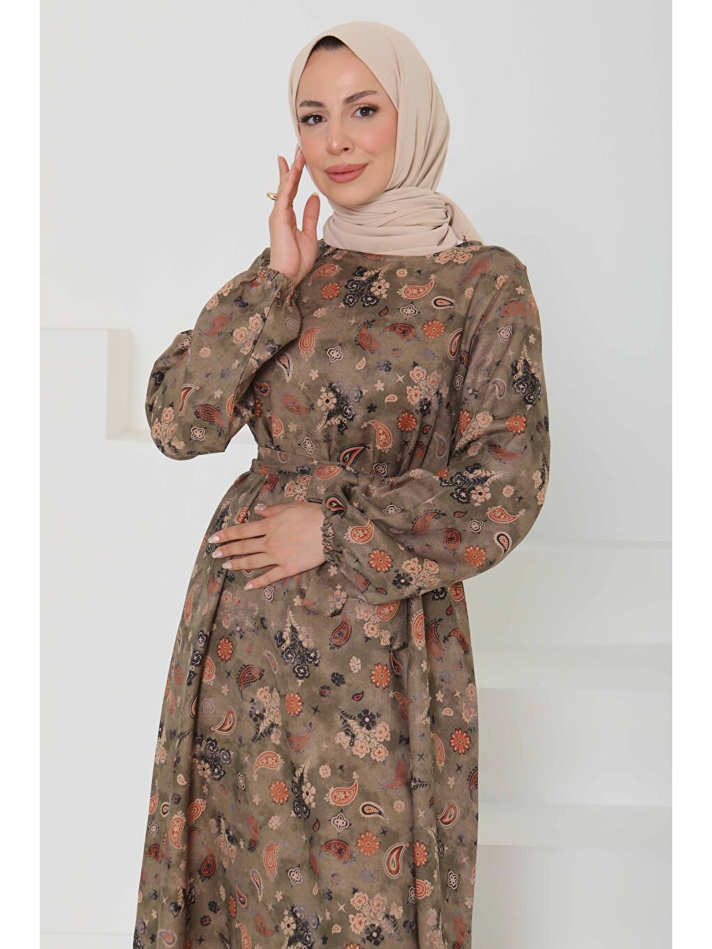 Desenli Kuşaklı Elbise Haki - 27101-2
