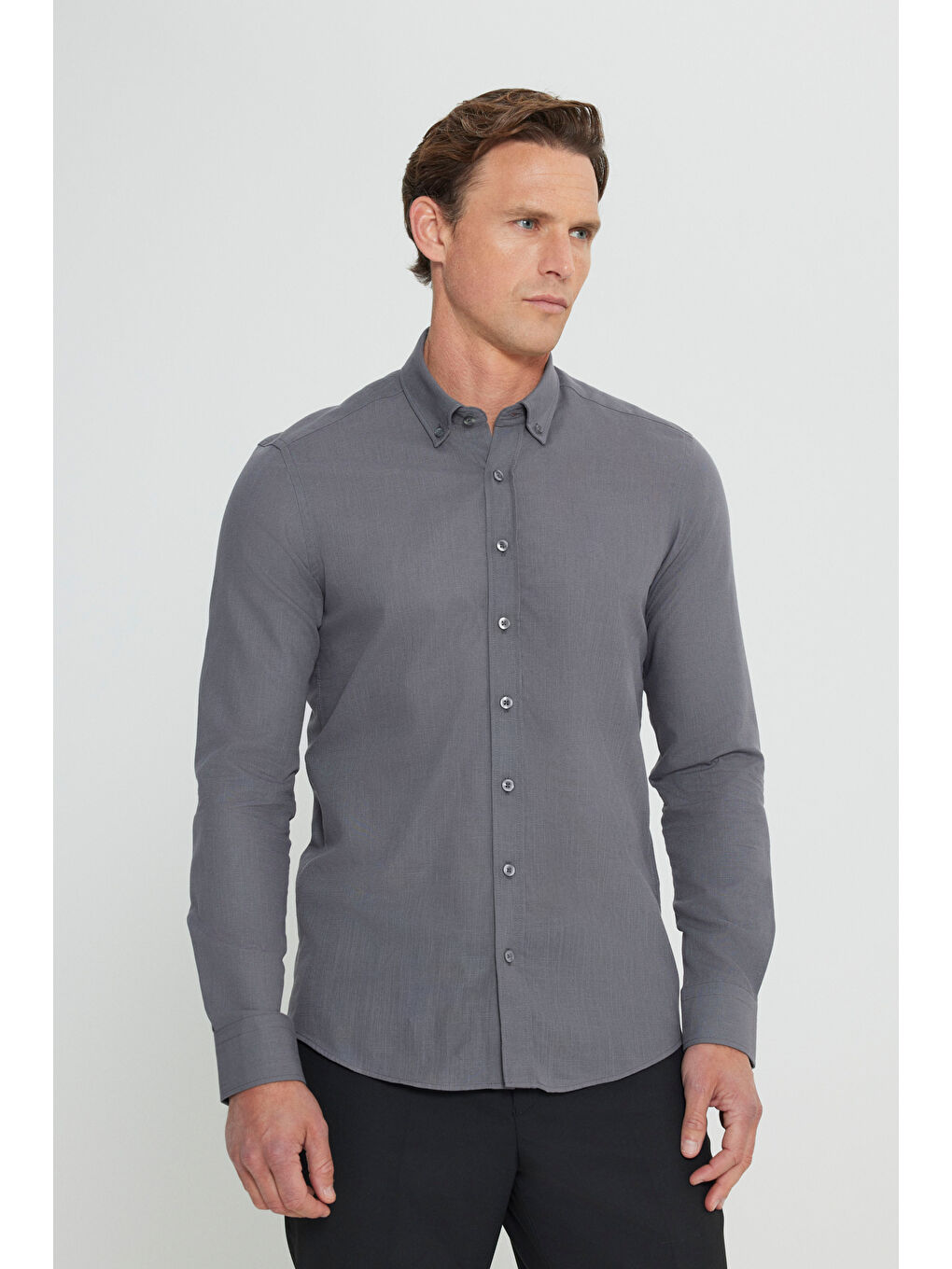 Erkek Antrasit %100 Pamuk Oxford Slim Fit Dar Kesim Düğmeli Yaka Flamlı Gömlek-2