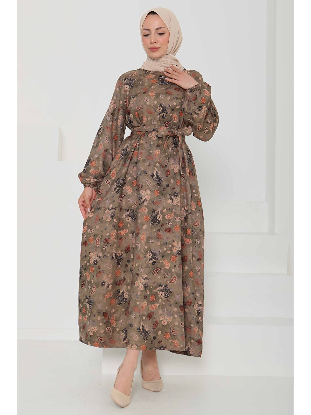 Desenli Kuşaklı Elbise Haki - 27101-4