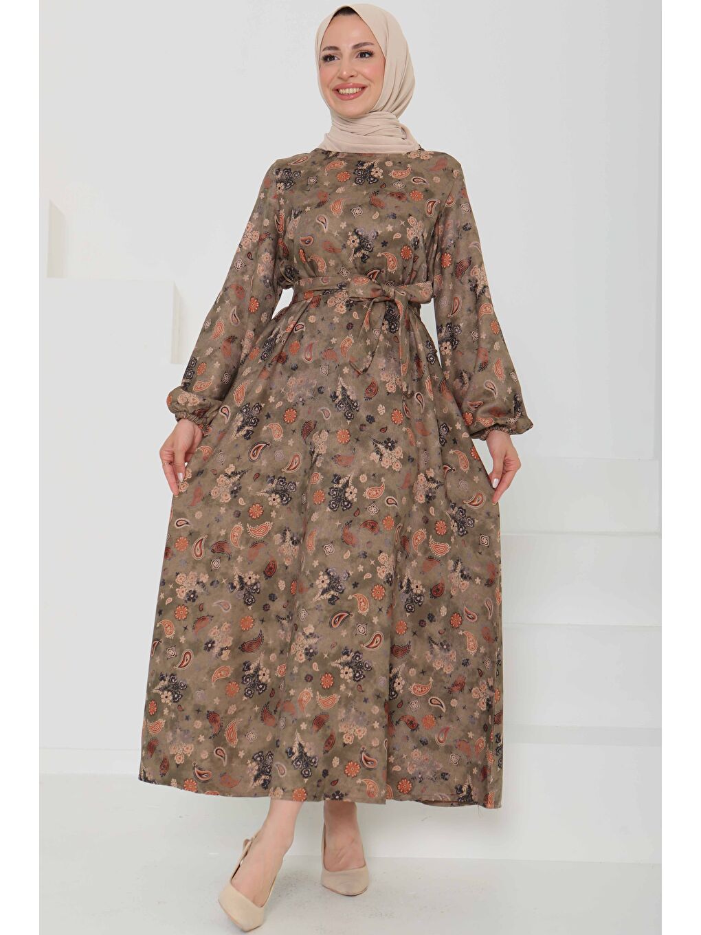 Desenli Kuşaklı Elbise Haki - 27101-5