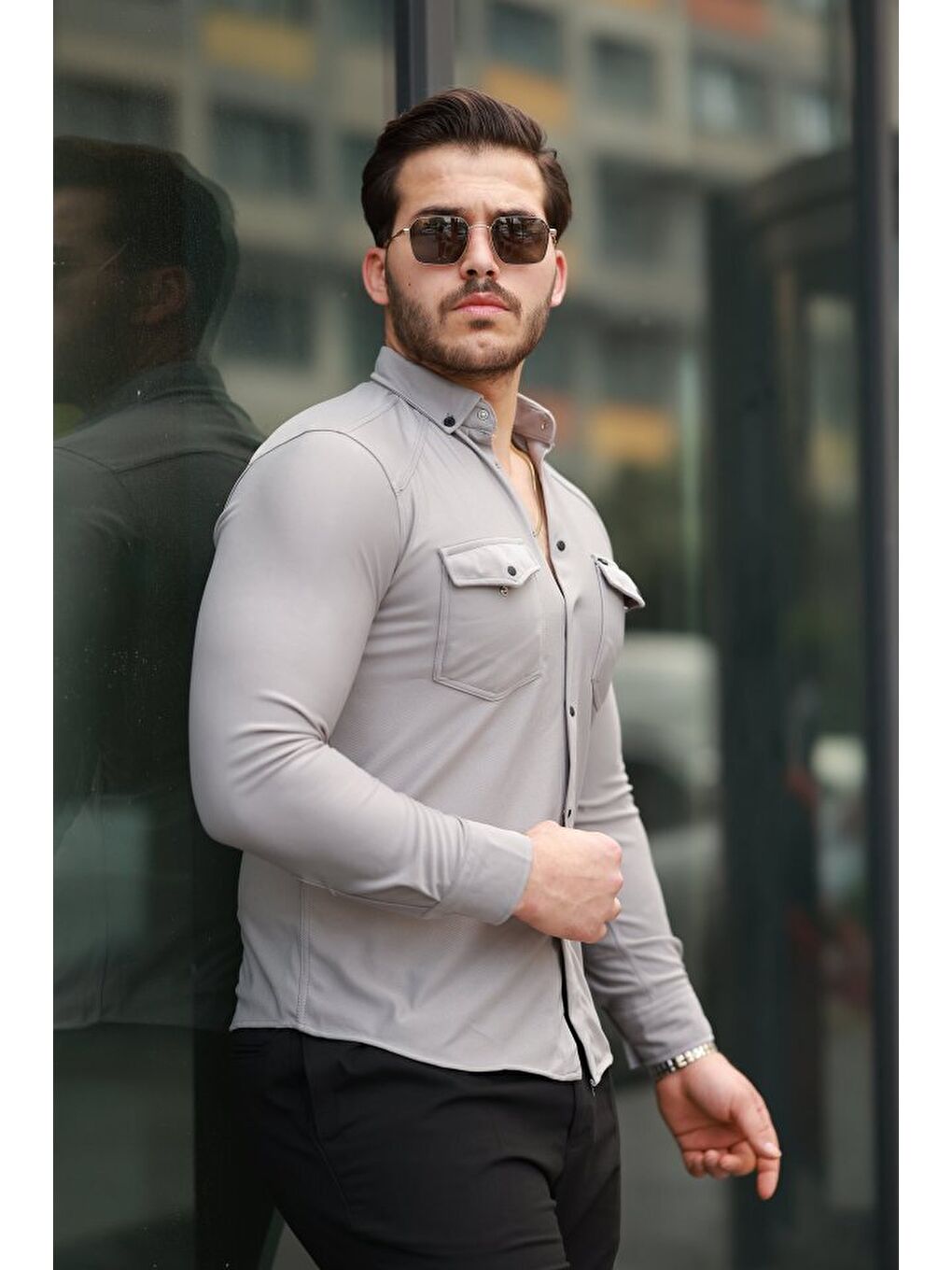 Gri Erkek çift Cepli çıtçıt Düğmeli Uzun Kollu Gömlek-1