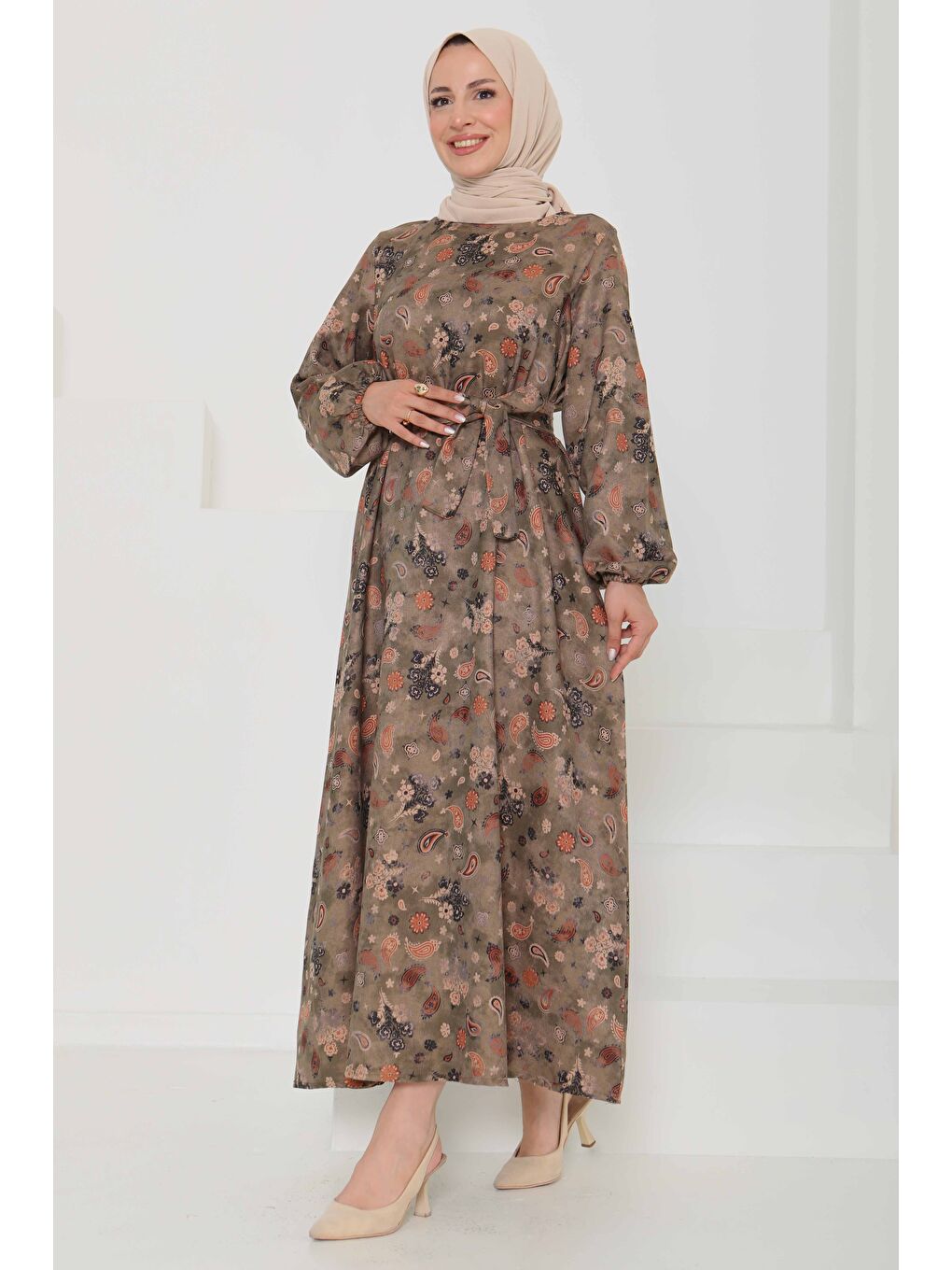 Desenli Kuşaklı Elbise Haki - 27101-6