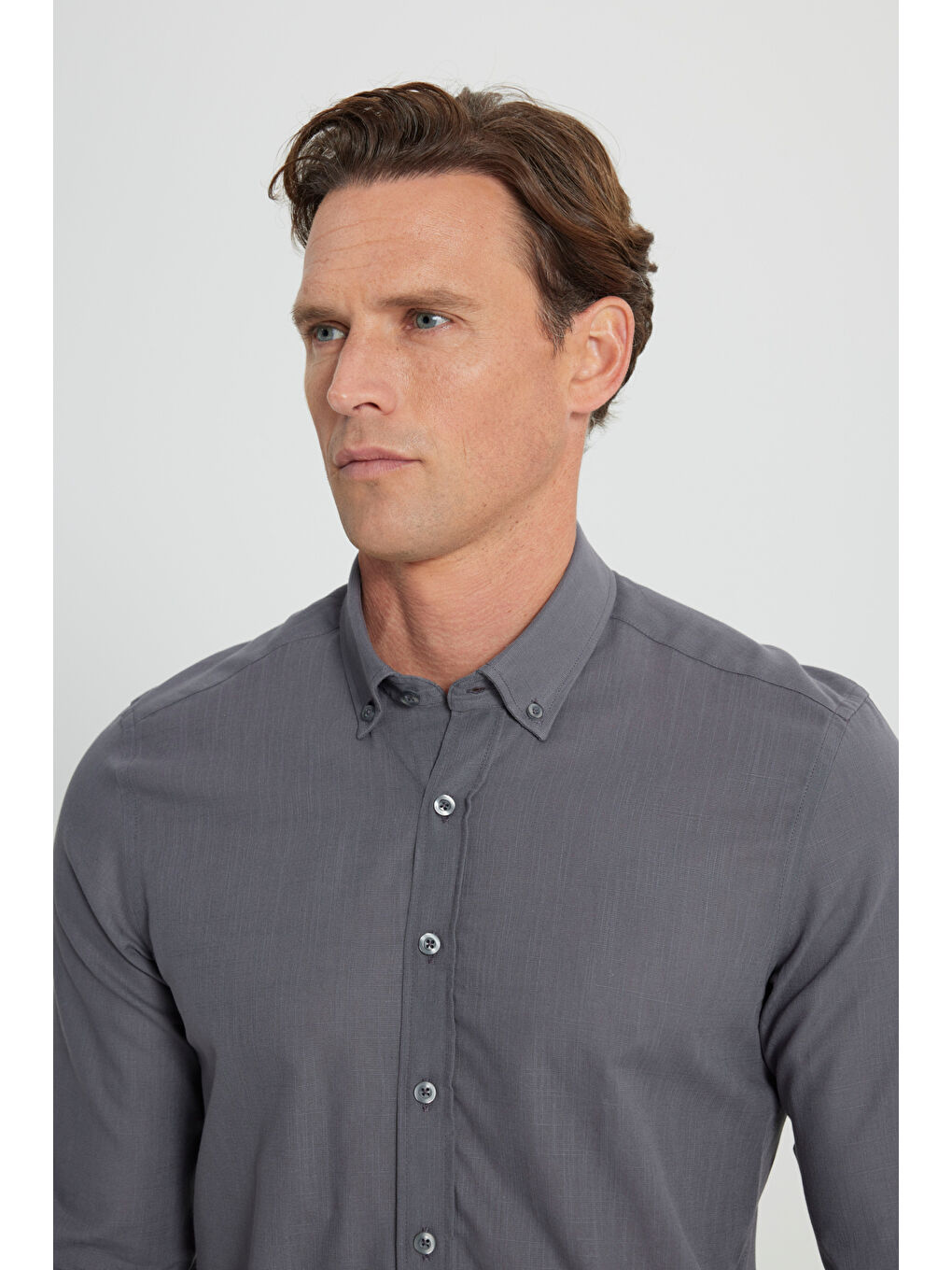 Erkek Antrasit %100 Pamuk Oxford Slim Fit Dar Kesim Düğmeli Yaka Flamlı Gömlek-3