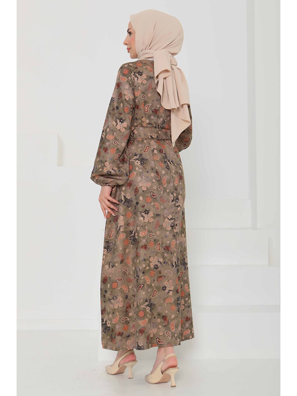 Desenli Kuşaklı Elbise Haki - 27101-7