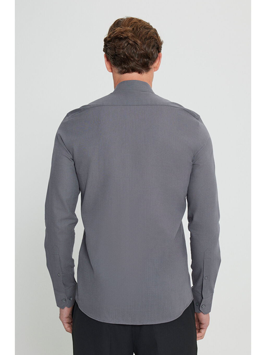 Erkek Antrasit %100 Pamuk Oxford Slim Fit Dar Kesim Düğmeli Yaka Flamlı Gömlek-4