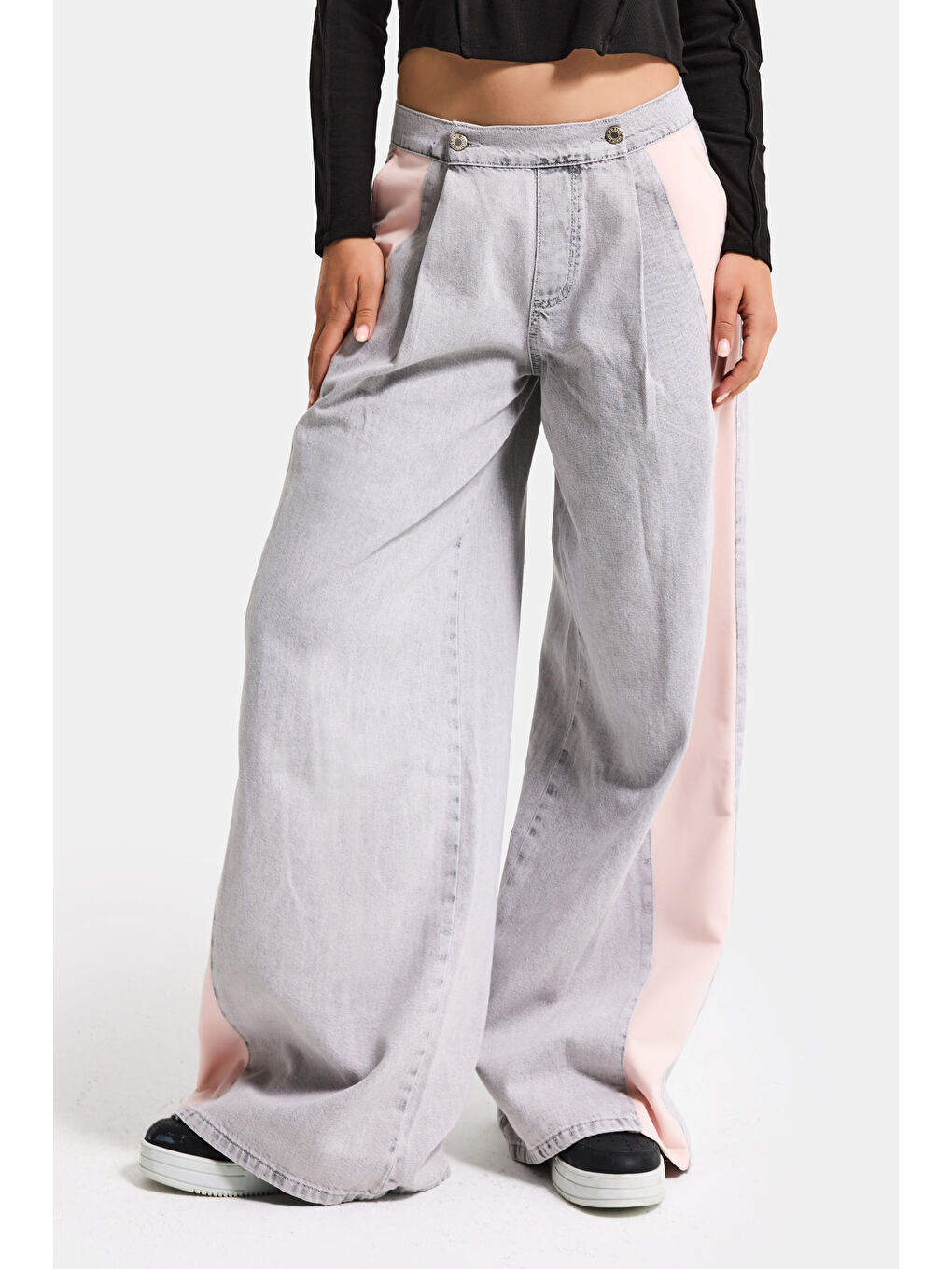 Kadın Gri Pembe 3s6-12 Palazzo Fit Çift Parça Özel Tasarım Denim Jean-3