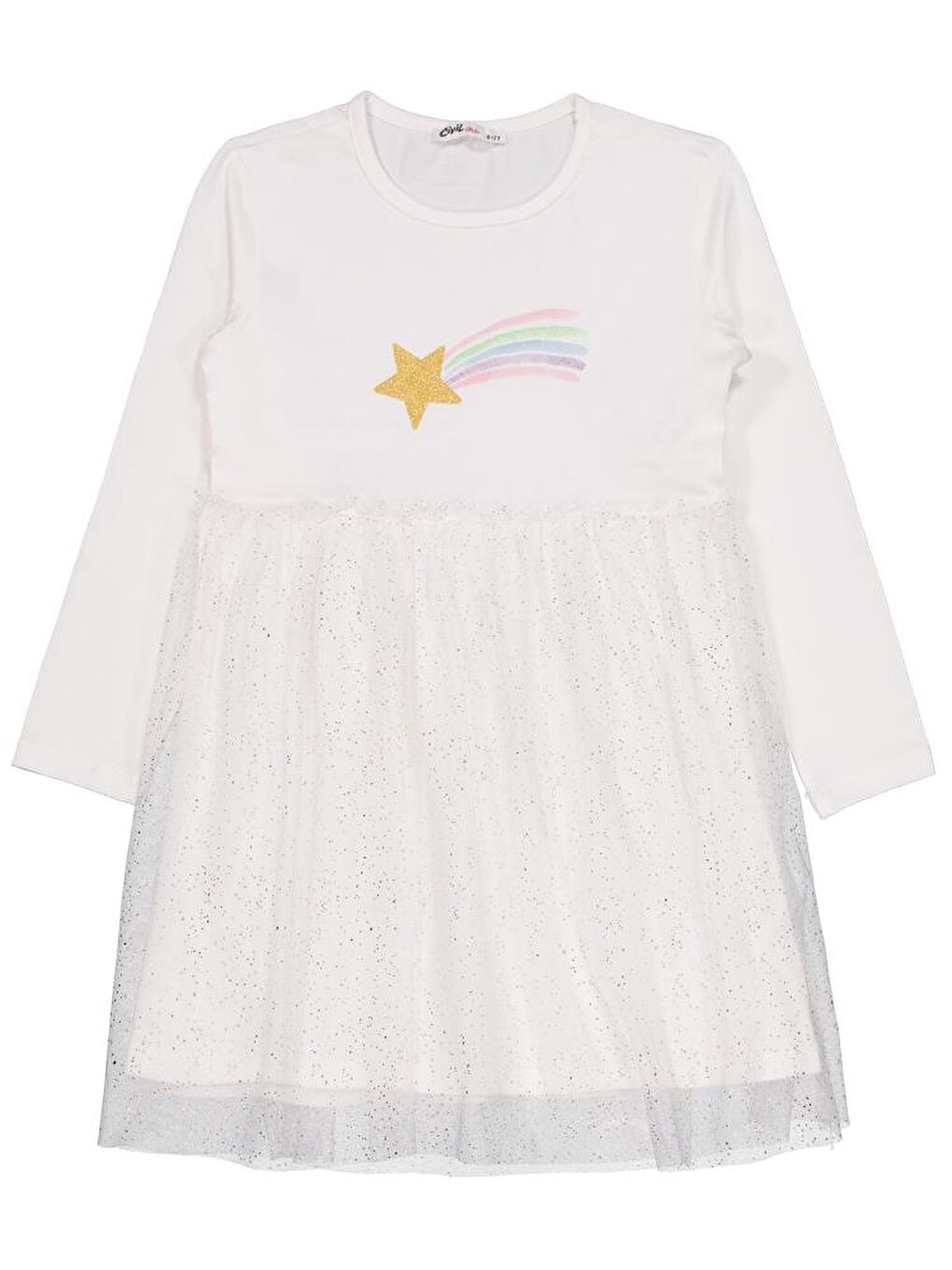 Girls Yıldızlı Rainbow Baskılı 6-9 Yaş Elbise - Ekru 6-7 Yaş
