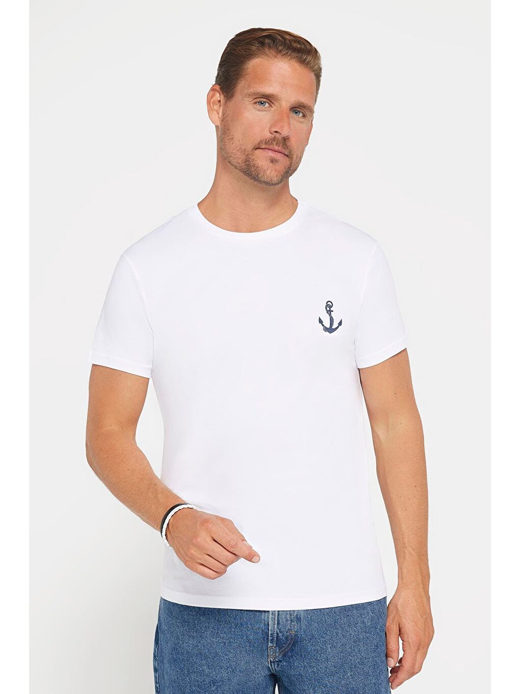 Erkek Slim Fit Dar Kesim %100 Pamuk Yumuşak Dokulu Baskılı Beyaz Bisiklet Yaka Tişört