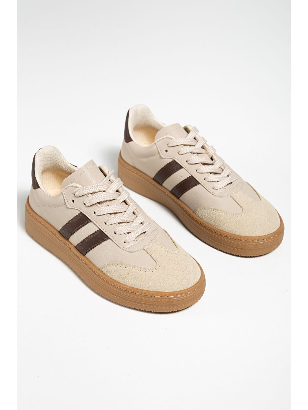 Kadın Bej Kahve Kadın Rahat Kalıp Yumuşak Deri Sneaker-1