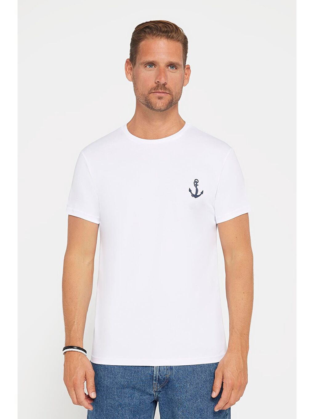 Erkek Slim Fit Dar Kesim %100 Pamuk Yumuşak Dokulu Baskılı Beyaz Bisiklet Yaka Tişört-1