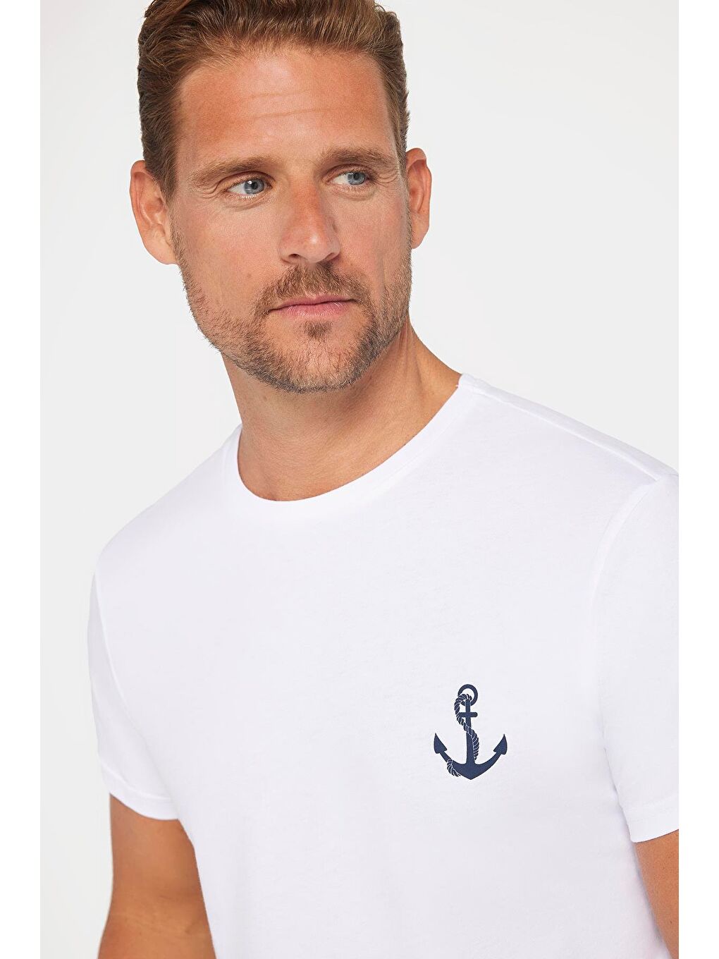 Erkek Slim Fit Dar Kesim %100 Pamuk Yumuşak Dokulu Baskılı Beyaz Bisiklet Yaka Tişört-2