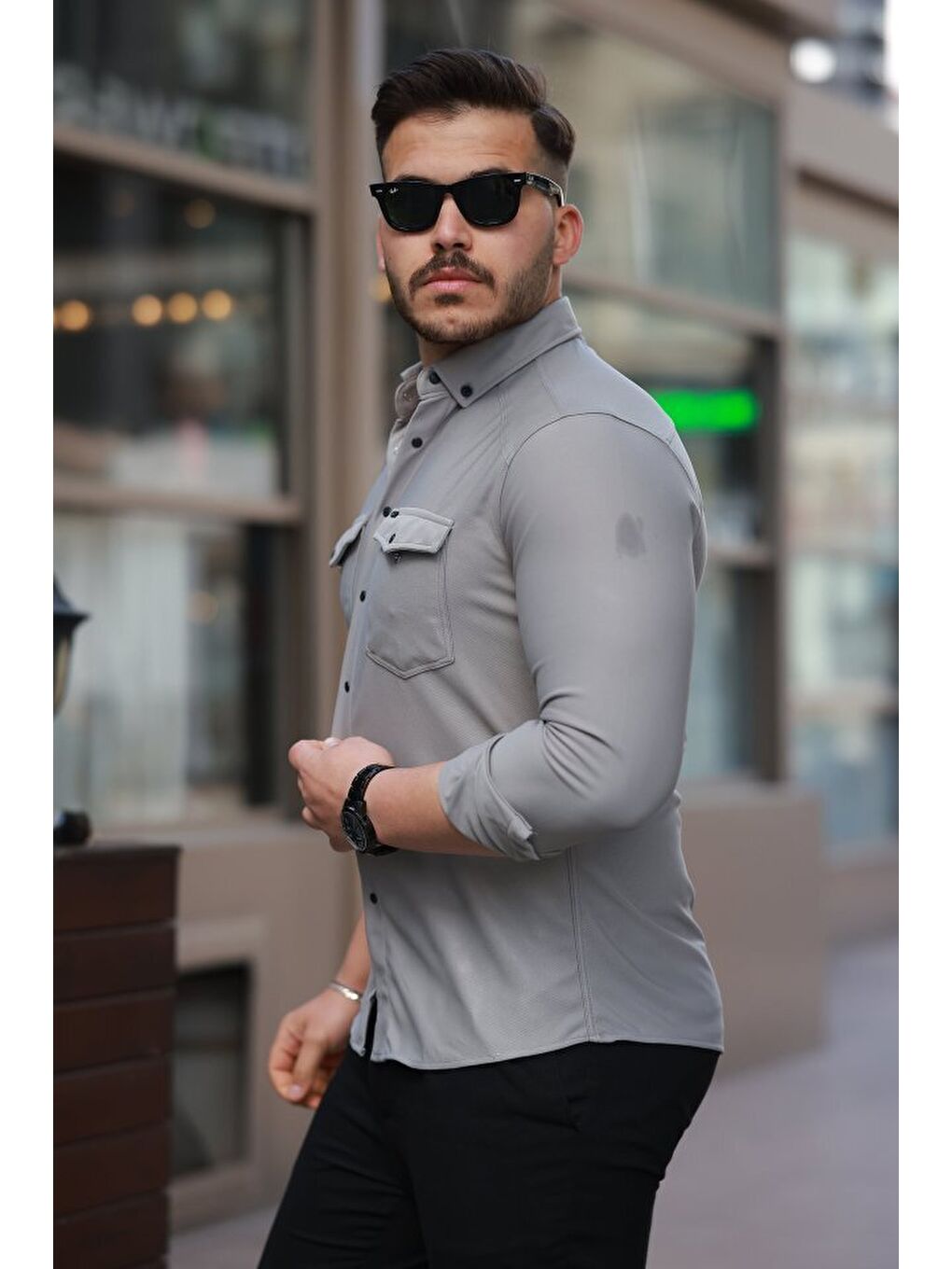 Gri Erkek çift Cepli çıtçıt Düğmeli Uzun Kollu Gömlek-3