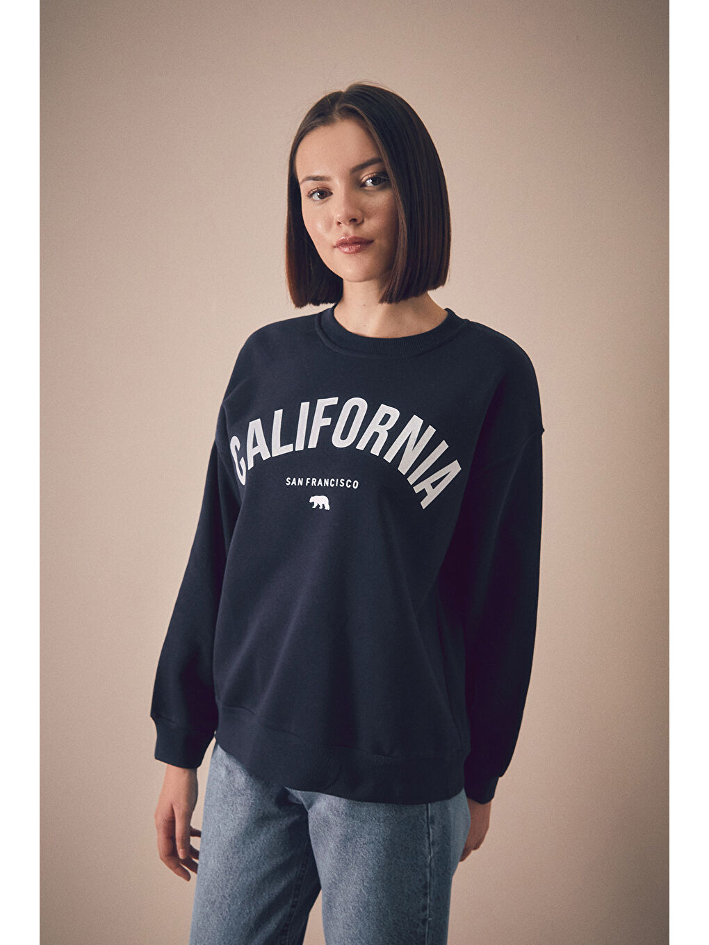 Fullamoda Lacivert California Baskılı Bisiklet Yaka Sweatshirt