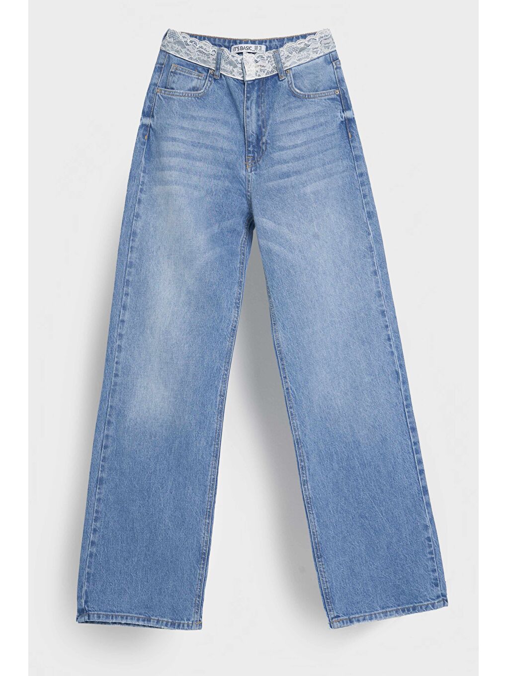 Kadın Mavi Renk D-2s5-3 Straight Fit Kemeri Dantel Detaylı Yüksek Bel %100 Pamuk Tasarım Denim Jean-1