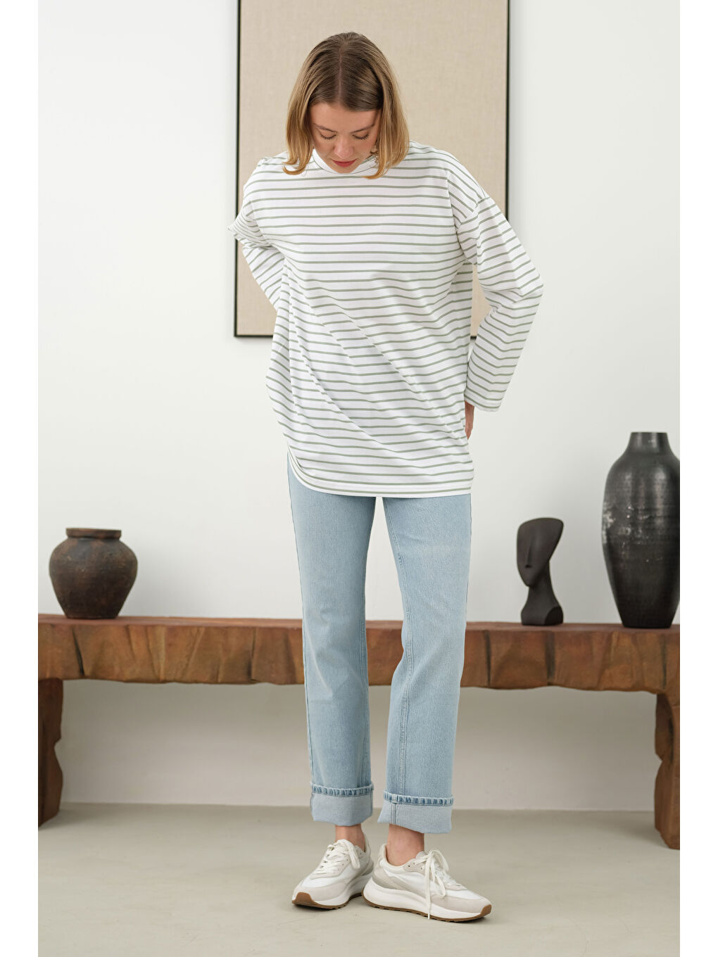 Yeşil İnce Çizgili Sweat Çağla-2