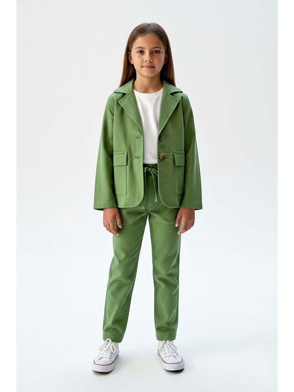 Yeşil Kız Çocuk 3’lü Takım Klasik Blazer Ceket - Bisiklet Yaka T-shırt - Pantolon