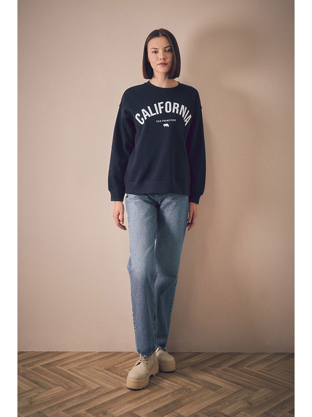 Fullamoda Lacivert California Baskılı Bisiklet Yaka Sweatshirt - 1