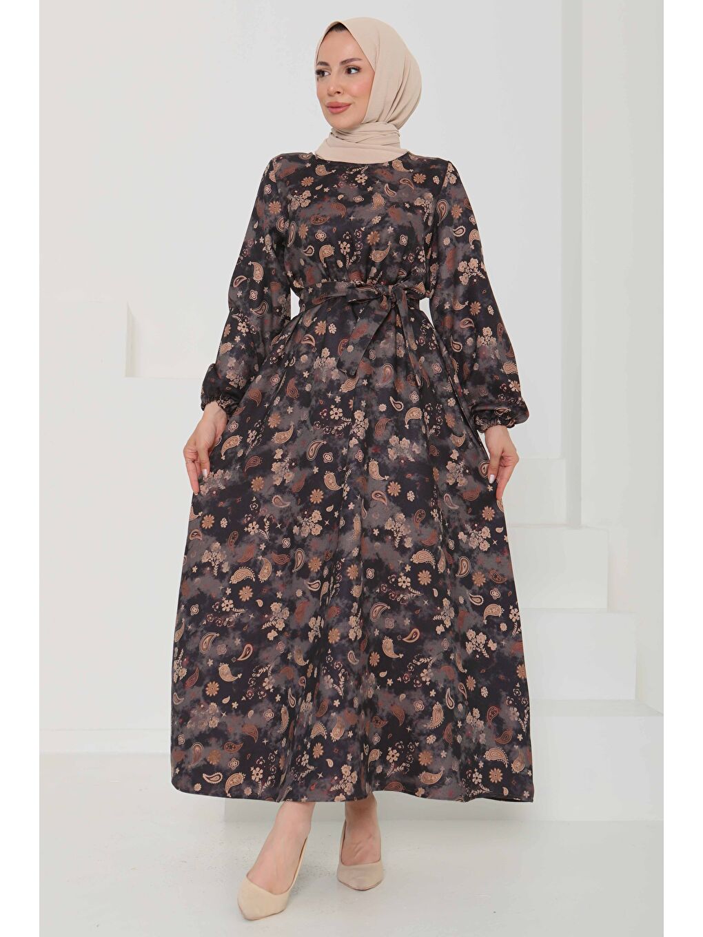 Desenli Kuşaklı Elbise Siyah - 27101
