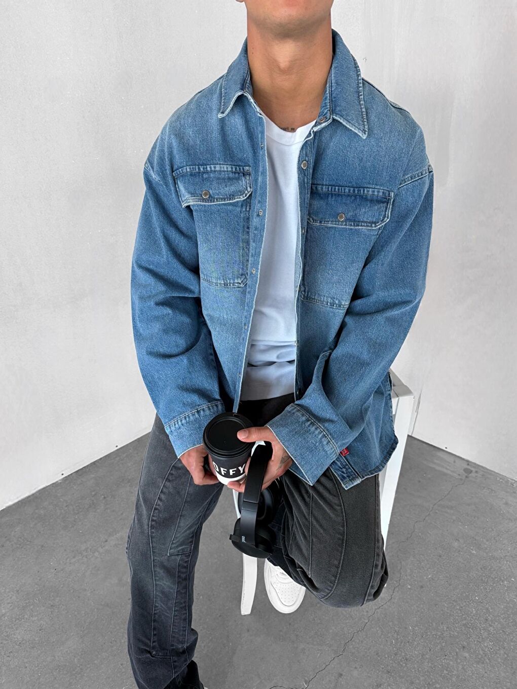 Erkek Oversize Önü Cepli Premium Denim Gömlek Mavi