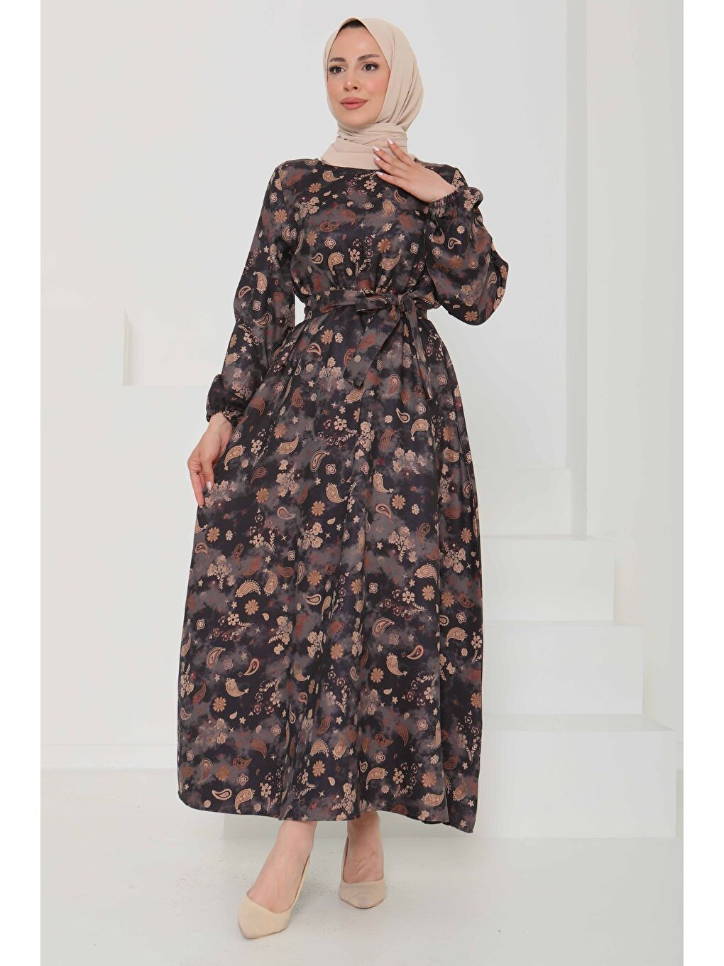 Desenli Kuşaklı Elbise Siyah - 27101-2