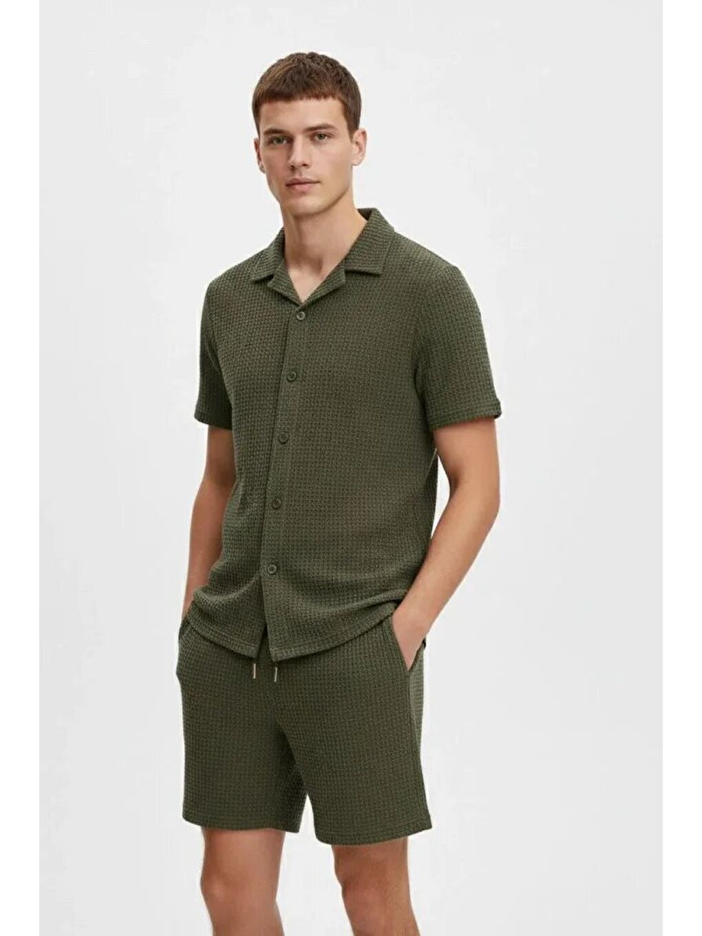 Erkek Waffle Kumaş Kısa Kollu Gömlek Şort Takım Regular Fit Yazlık İkili Set - Haki