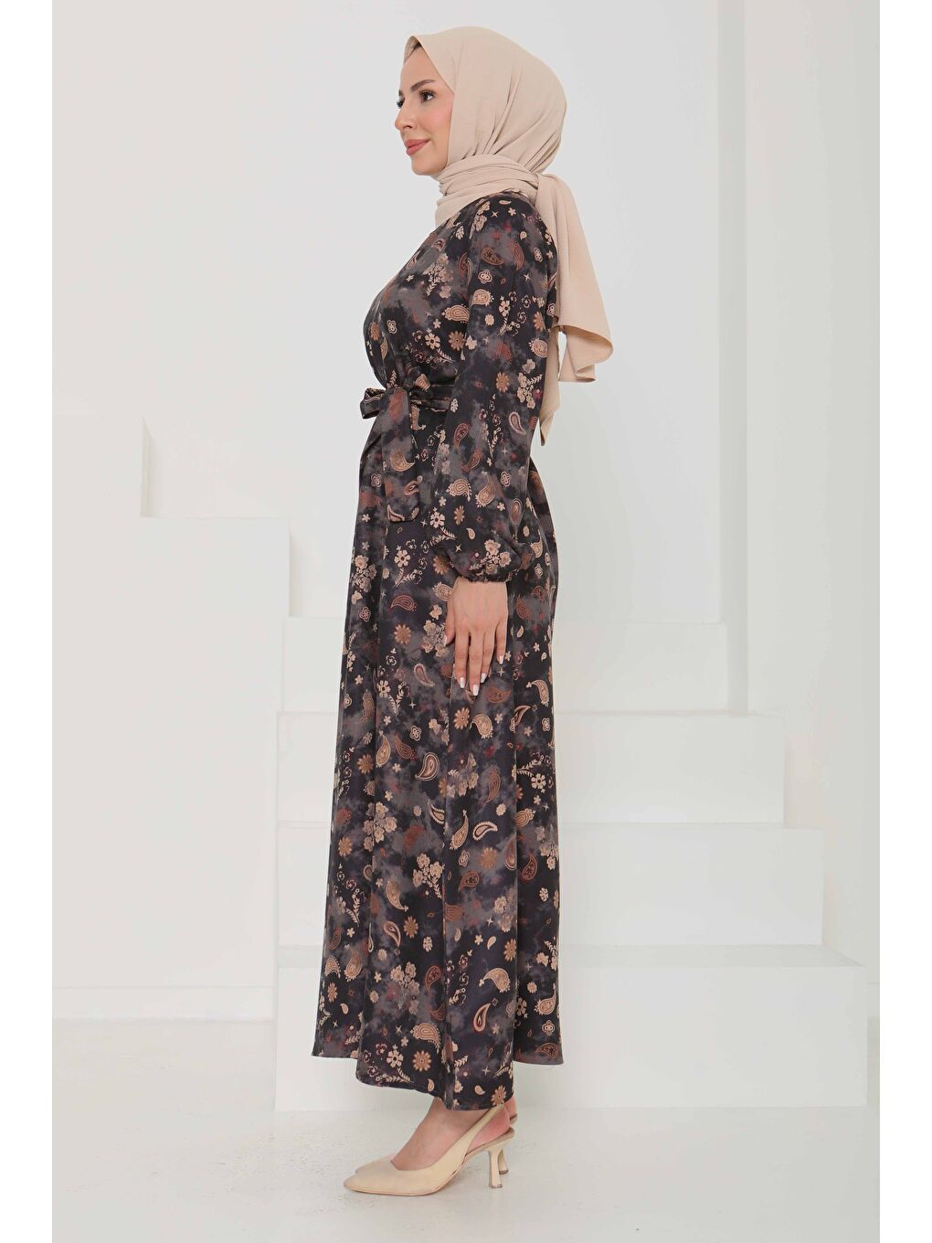 Desenli Kuşaklı Elbise Siyah - 27101-4